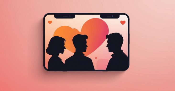 Illustration d'une application de rencontre gratuite sur smartphone avec profils et coeur
