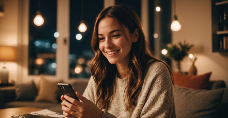 Jeune femme utilisant un tchat de rencontre gratuit sur son smartphone le soir