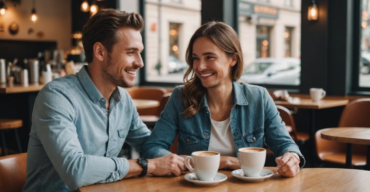 Couple souriant lors d'un premier rendez-vous dans un café, illustration site de rencontre par affinités