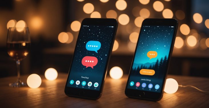 Illustration d'un tchat de rencontre assisté par intelligence artificielle sur smartphone