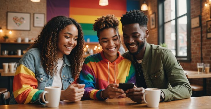 Deux personnes souriantes consultant une application de rencontre sur smartphone