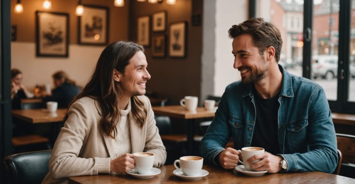 Couple souriant lors d'un premier rendez-vous autour d'un café, dans le cadre d'une recherche de rencontre sérieuse