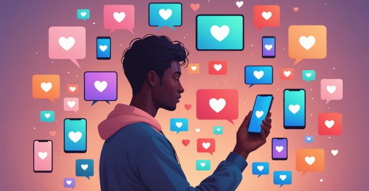 Illustration d'une personne choisissant entre plusieurs applications de rencontre sur smartphone