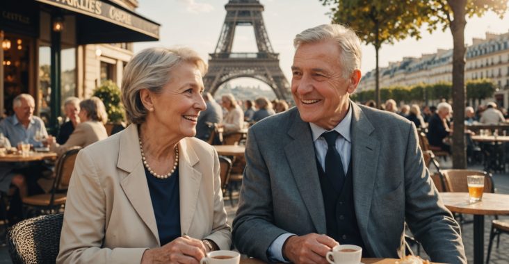 Couple de seniors souriant attablé en terrasse de café à Paris
