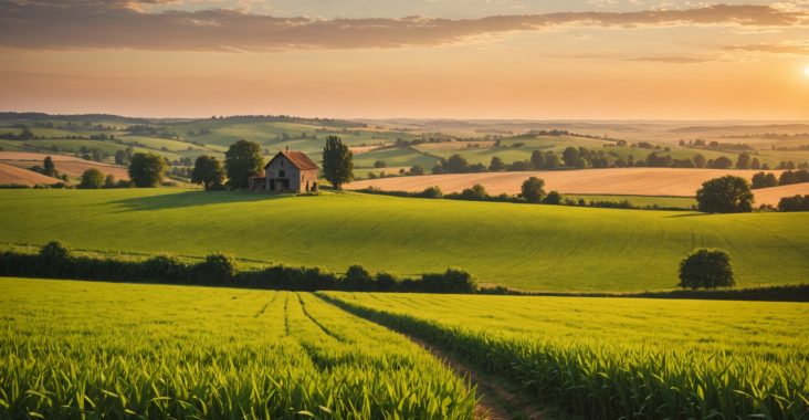 Paysage rural au coucher du soleil illustrant la rencontre à la campagne
