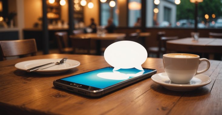 Smartphone affichant une bulle de message sur une table, ambiance chaleureuse de rencontre en ligne