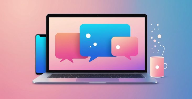 Illustration d'un smartphone et d'un ordinateur portable affichant une conversation de tchat de rencontre