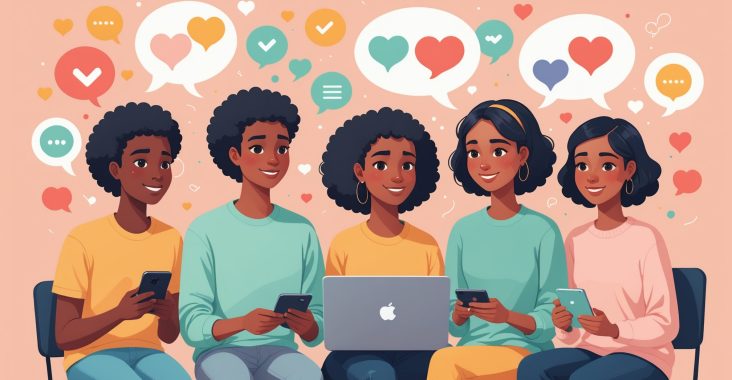 Illustration de personnes discutant via tchat et rencontre en ligne