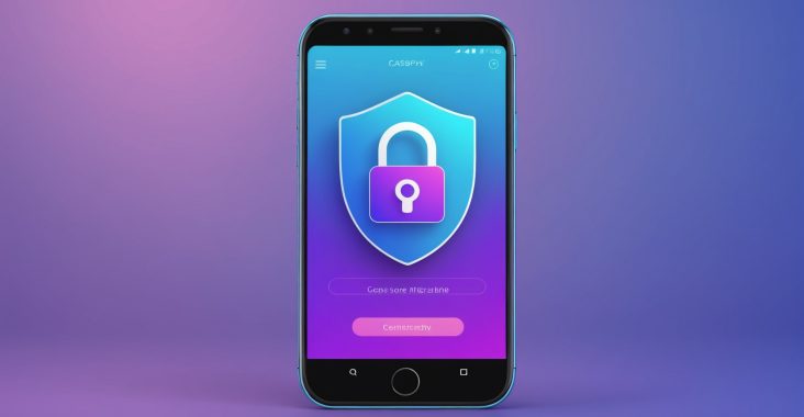 Écran de smartphone affichant une conversation de tchat sécurisée avec icônes de cadenas et de bouclier
