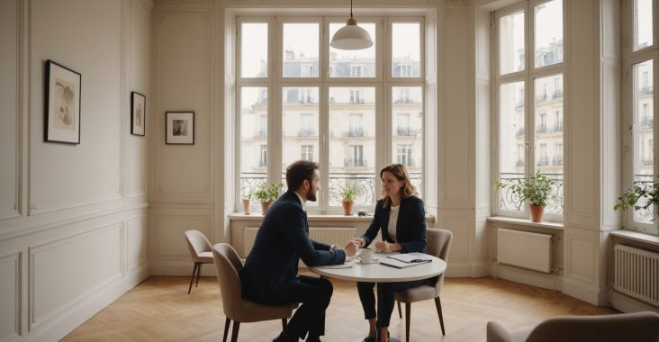Consultation dans une agence matrimoniale à Paris entre une conseillère et un client
