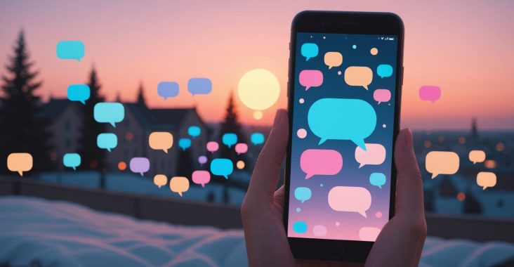Illustration d'un smartphone avec des bulles de discussion, ambiance chaleureuse