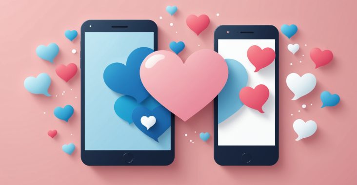 Illustration de deux smartphones avec des bulles de discussion en forme de cœur, symbole des sites de rencontre France