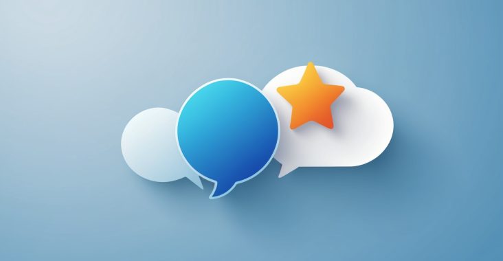 Illustration générée par IA d'une note en étoiles et d'une bulle de tchat, symbole des avis Trustpilot sur les tchats de rencontre