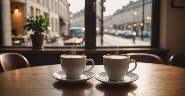 Illustration d'une rencontre sérieuse gratuite, deux tasses de café sur une table chaleureuse
