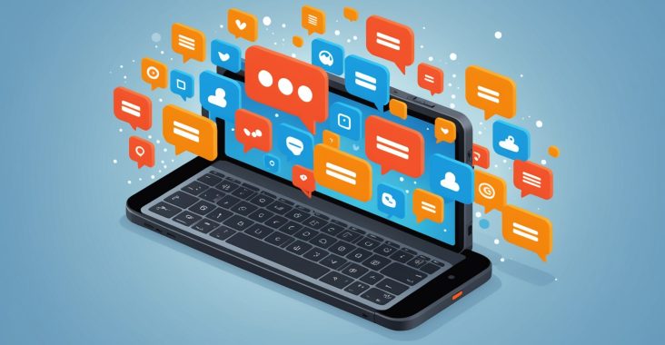 illustration générée par IA d'un smartphone avec bulles de tchat et icônes d'accessibilité numérique