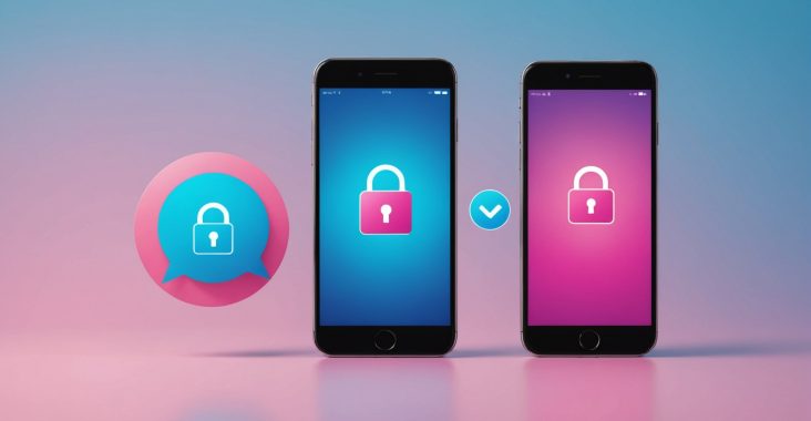 Illustration générée par IA de deux smartphones avec bulles de tchat, l'un symbolisant la confidentialité et l'autre la vérification par téléphone