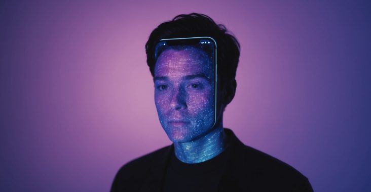 Illustration générée par IA d'un appel vidéo numérique représentant la détection d'un deepfake lors d'une rencontre en ligne