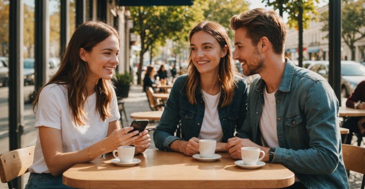 Deux personnes se rencontrant pour un premier rendez-vous dans un café lumineux